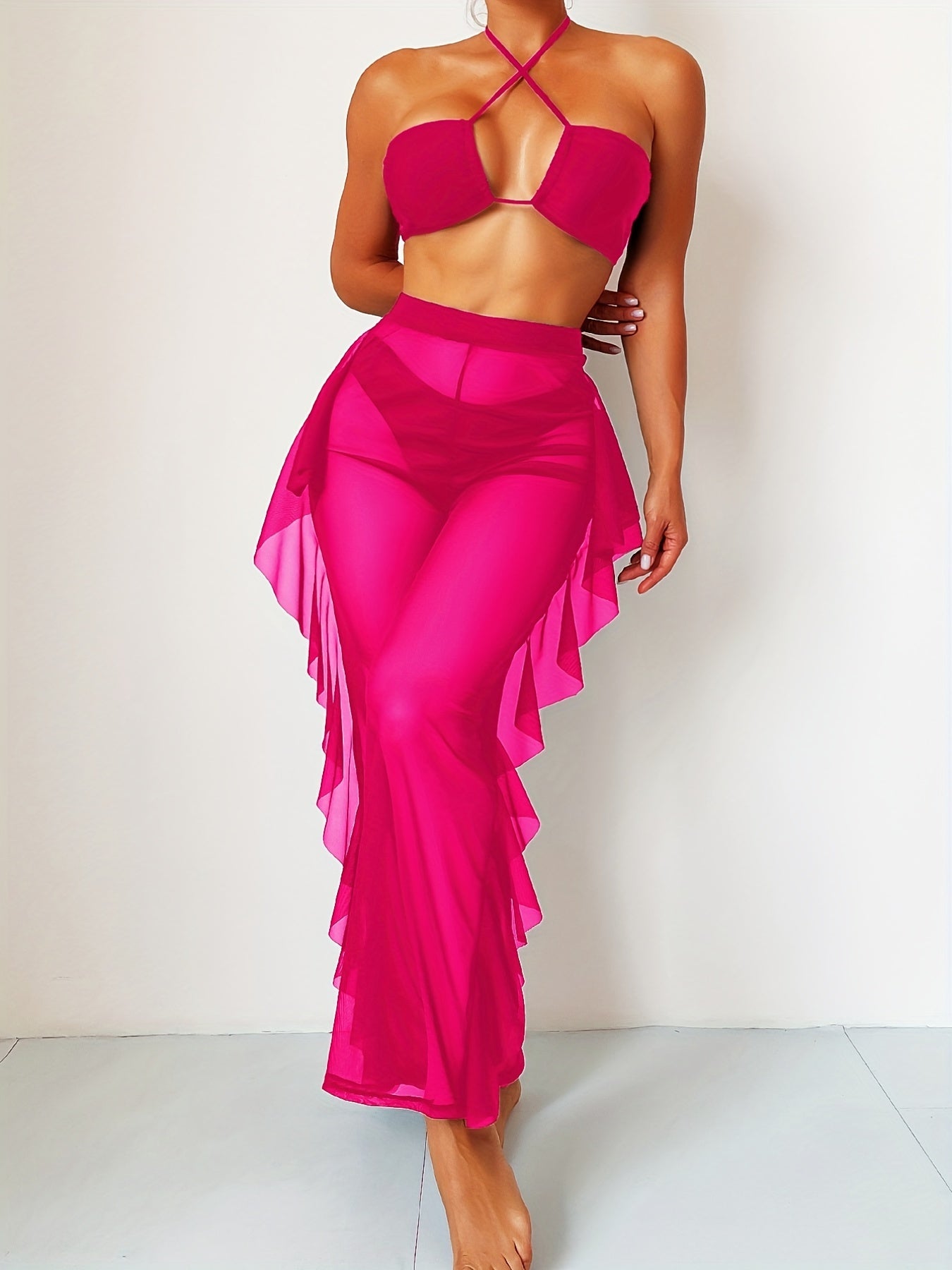 Pure Black Sexy Semi-Sheer Fashion Ruched Crisscross Strap Mesh Panty Bikini Set for Women