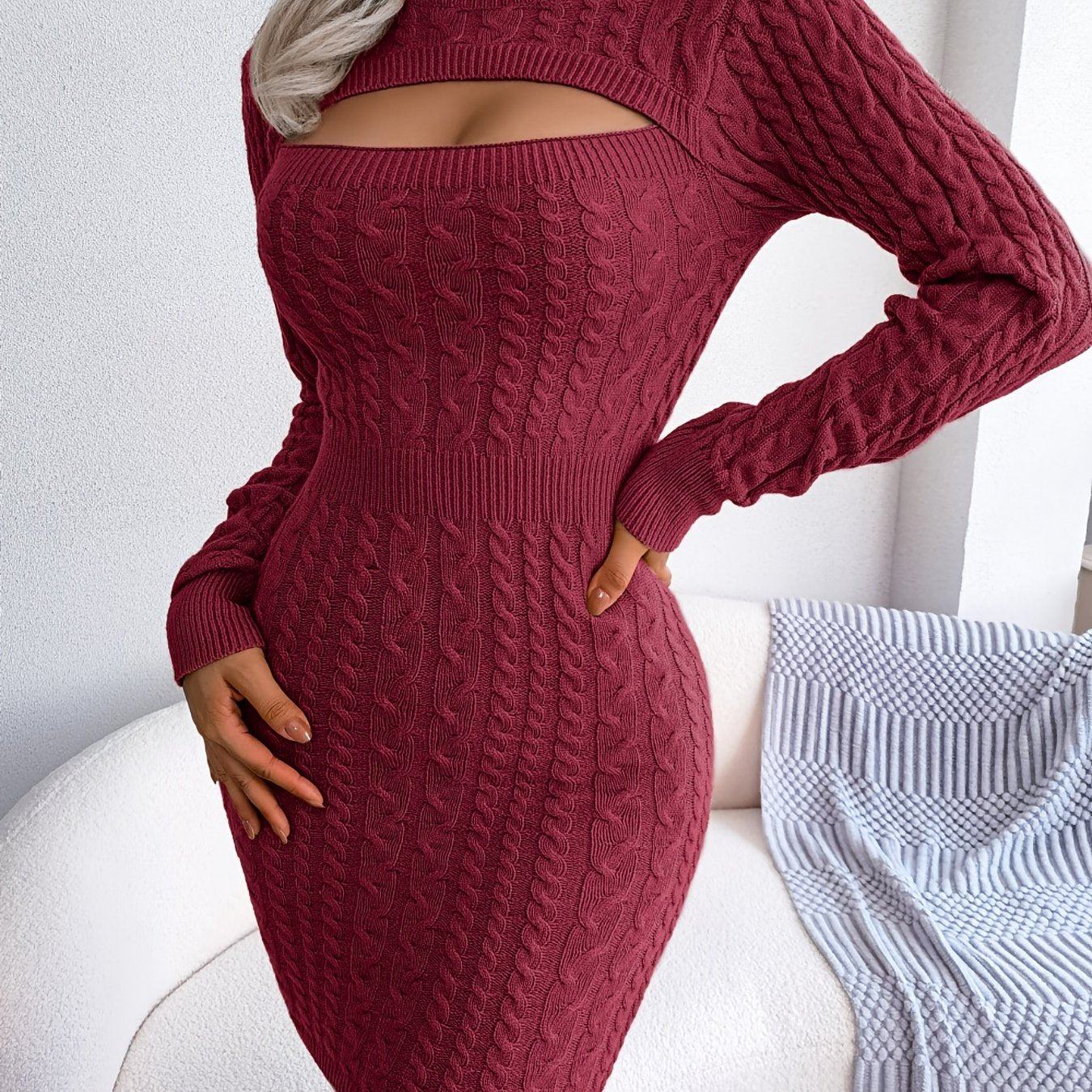 Solid Ribbed Knit Keyhole Dress, Elegant Crew Neck Long Sleeve Bodycon Dress - Stretchy & Comfortable Fabric - For Women - Perfect for Parties & Night Out - Ideal Gift for Her