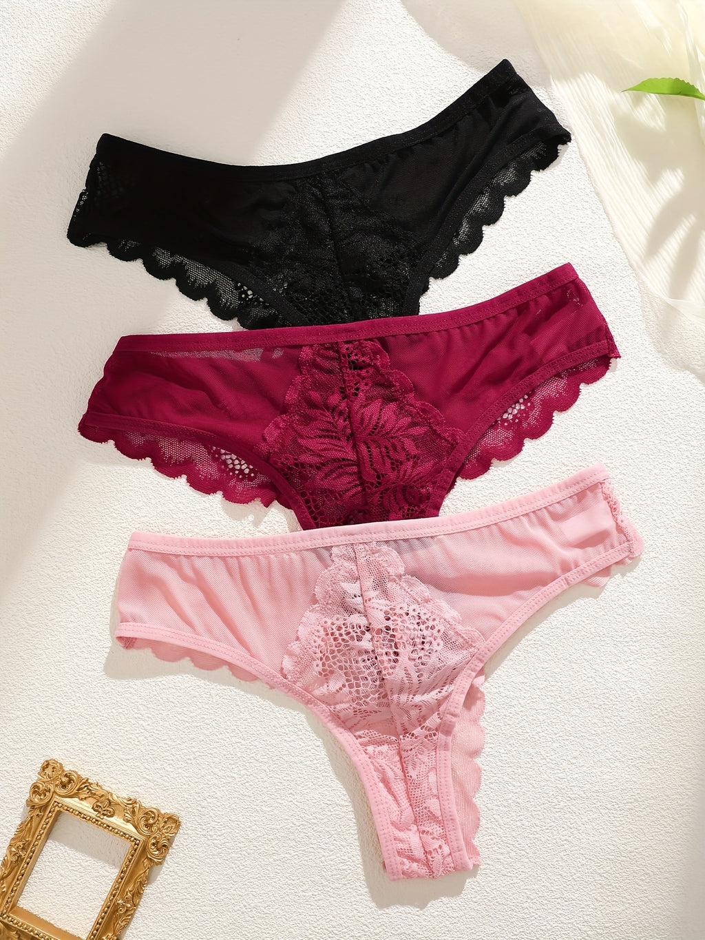 3pcs Women's Lace Thong Set, Sexy Semi-Sheer Panties