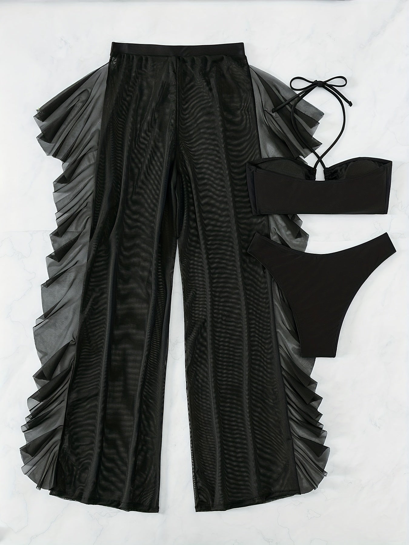 Pure Black Sexy Semi-Sheer Fashion Ruched Crisscross Strap Mesh Panty Bikini Set for Women