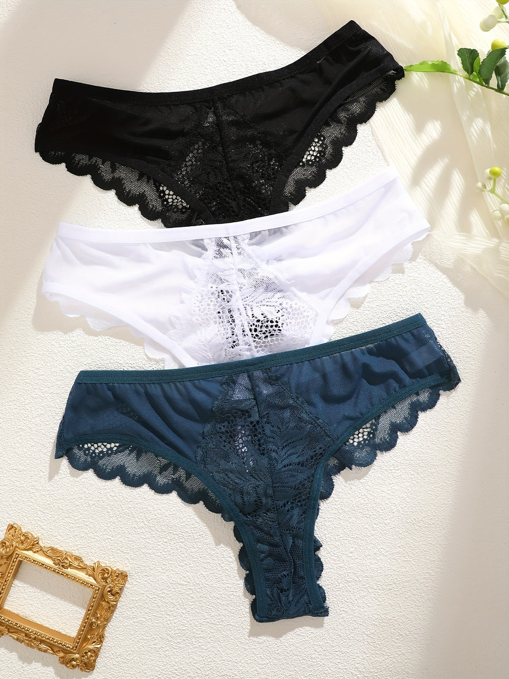 3pcs Women's Lace Thong Set, Sexy Semi-Sheer Panties