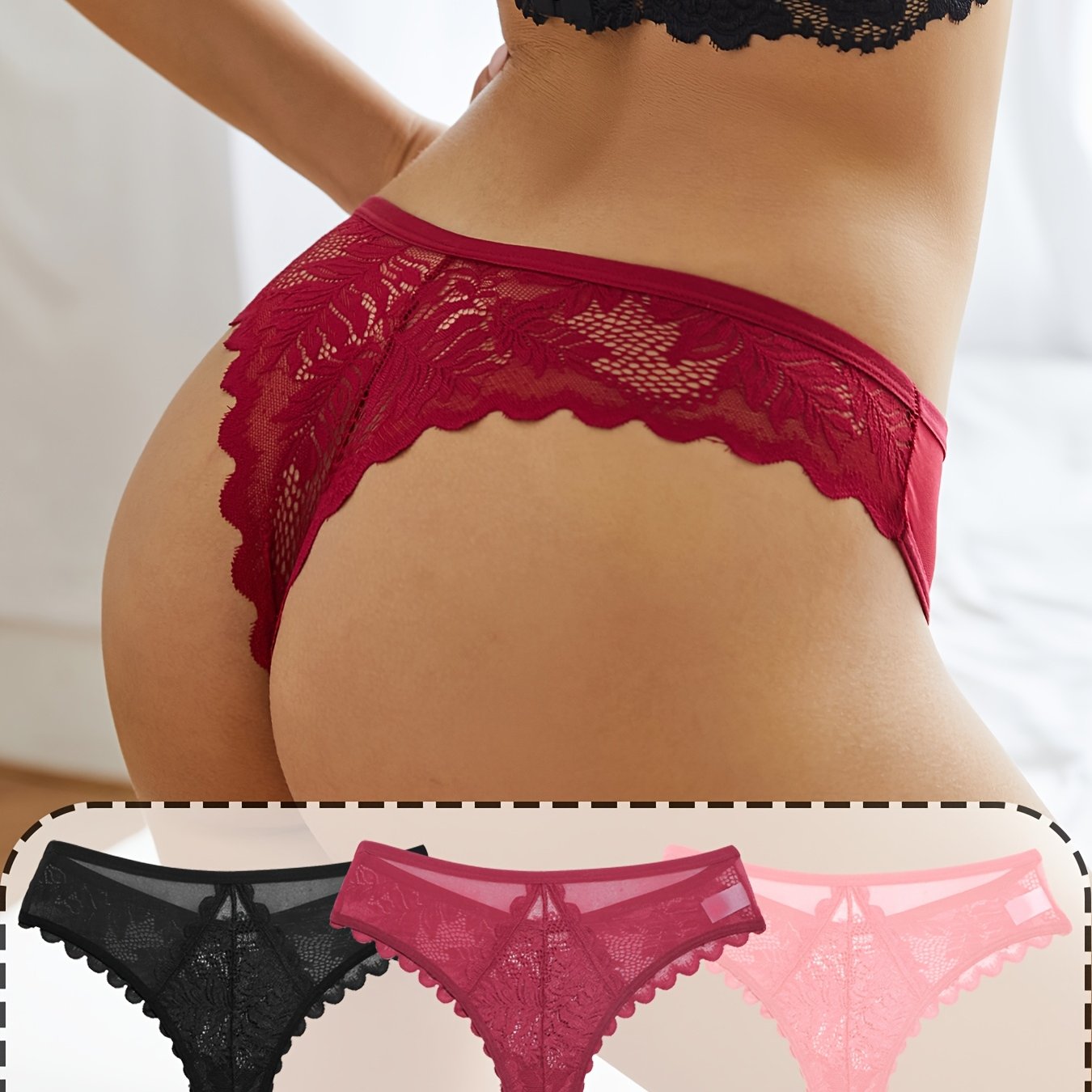 3pcs Women's Lace Thong Set, Sexy Semi-Sheer Panties