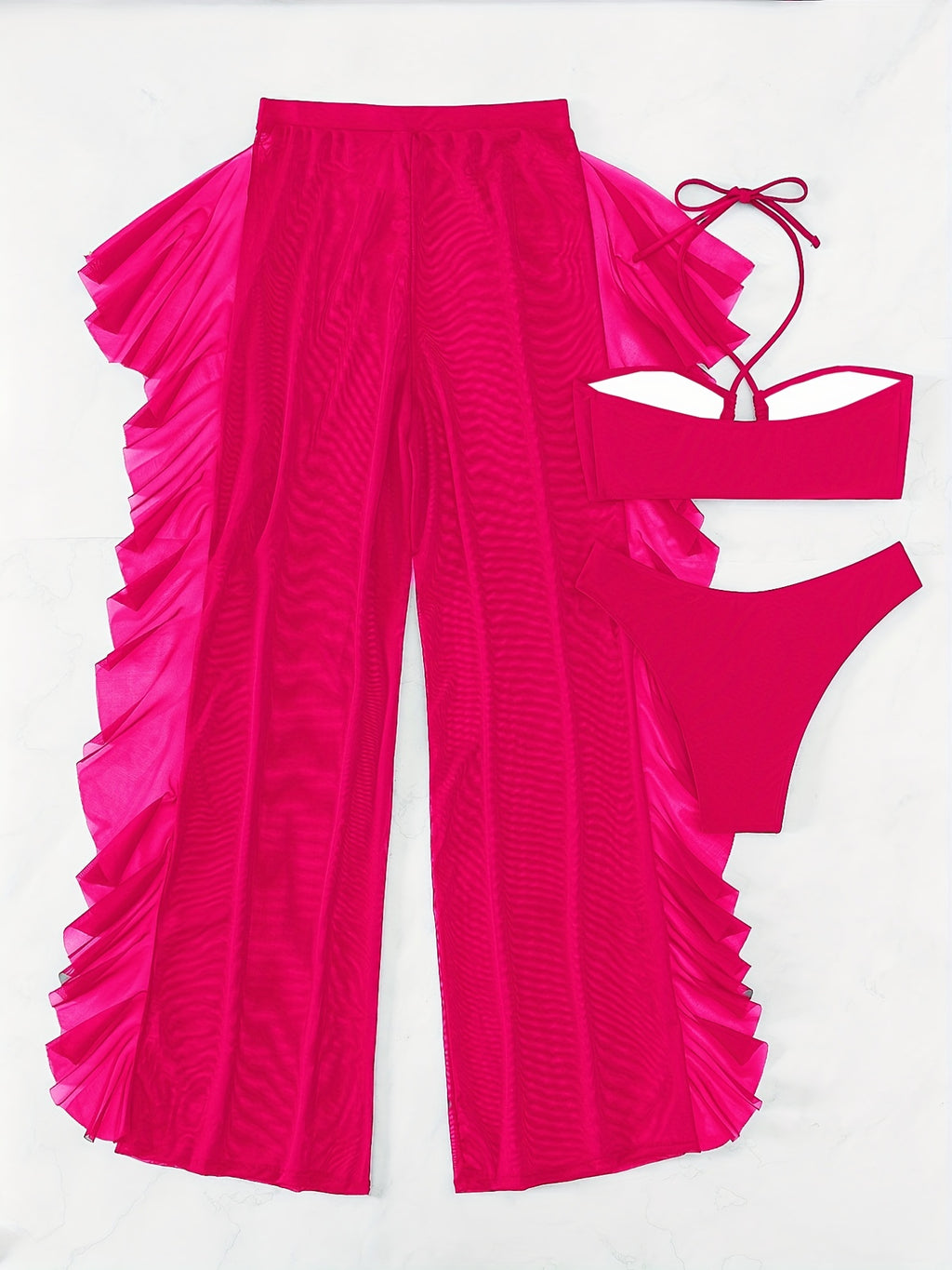 Pure Black Sexy Semi-Sheer Fashion Ruched Crisscross Strap Mesh Panty Bikini Set for Women