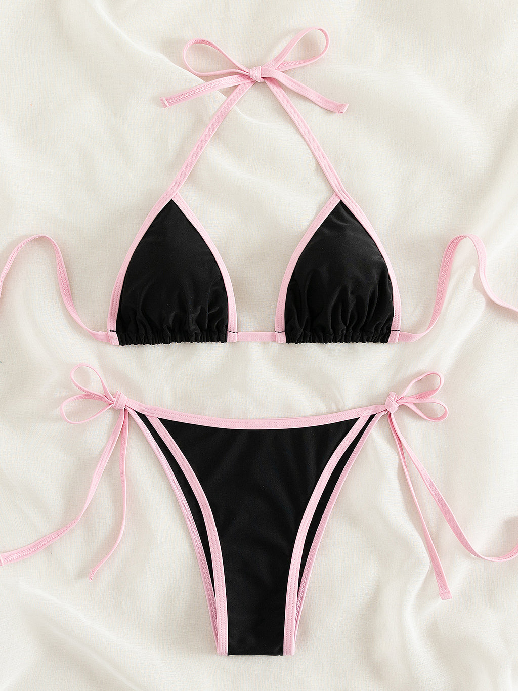 Contrast Trim Tie Side 2 Piece Bikini Swimsuit, Triangle Halter Tie Back Neck Stretchy Beachwear, Cute & Sexy, Women's Swimwear & Clothing