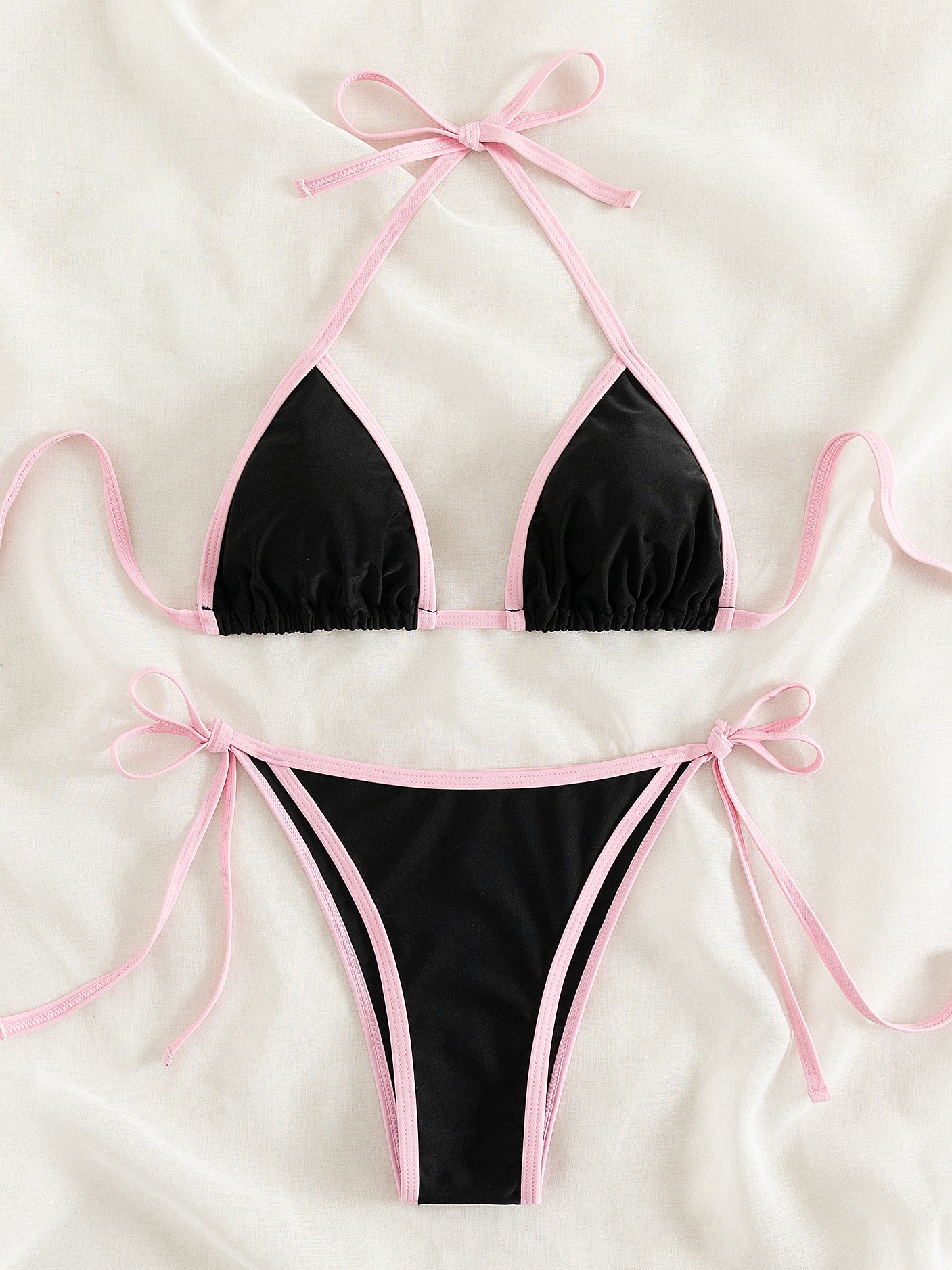 Contrast Trim Tie Side 2 Piece Bikini Swimsuit, Triangle Halter Tie Back Neck Stretchy Beachwear, Cute & Sexy, Women's Swimwear & Clothing