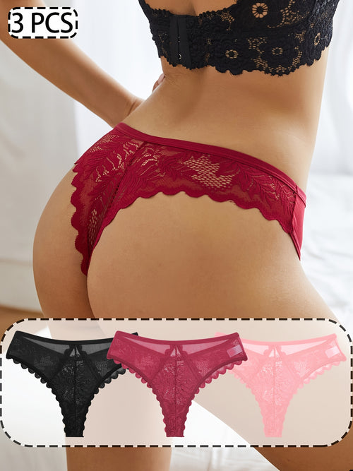3pcs Women's Lace Thong Set, Sexy Semi-Sheer Panties