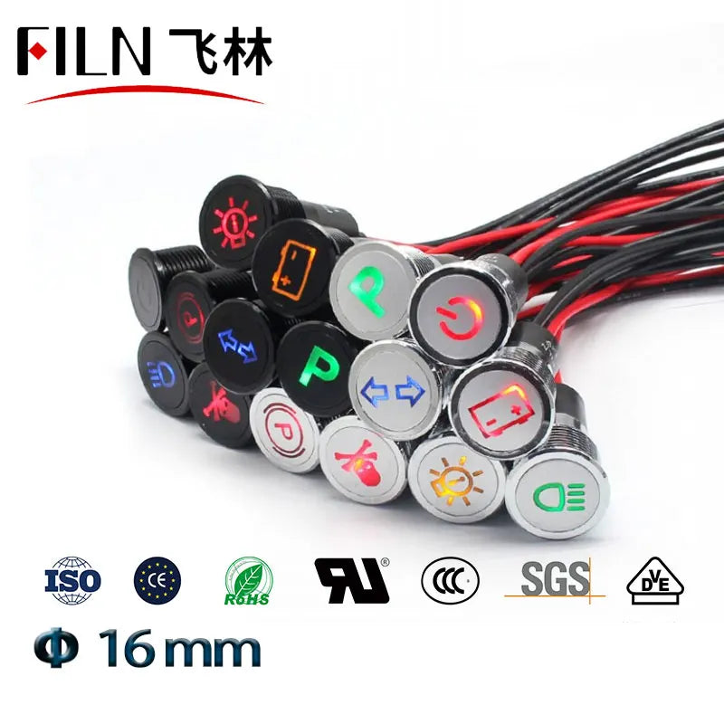 16 mm LED-Metall-Kontrollleuchte, Kontrollleuchte mit Warnsymbol für Auto, Boot, Armaturenbrett, 12 V, 24 V, 110 V, 220 V, rot-grüne Anzeigelampe