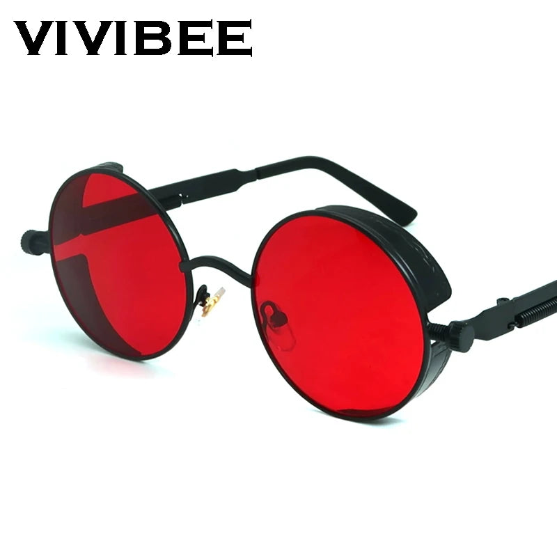 VIVIBEE Vintage Steampunk Rote Sonnenbrille für Herren, Runde Punk-Legierung Metall Retro Sonnenbrille für Damen, 2026 Goggles im Gothic-Stil