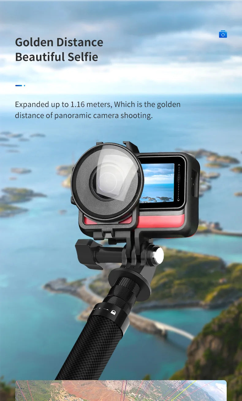 TELESIN 116 cm Kohlefaser Einbeinstativ Selfie Stick ausziehbar mit 1/4 Schraube für GoPro Hero Insta360 Osmo Action Kamera