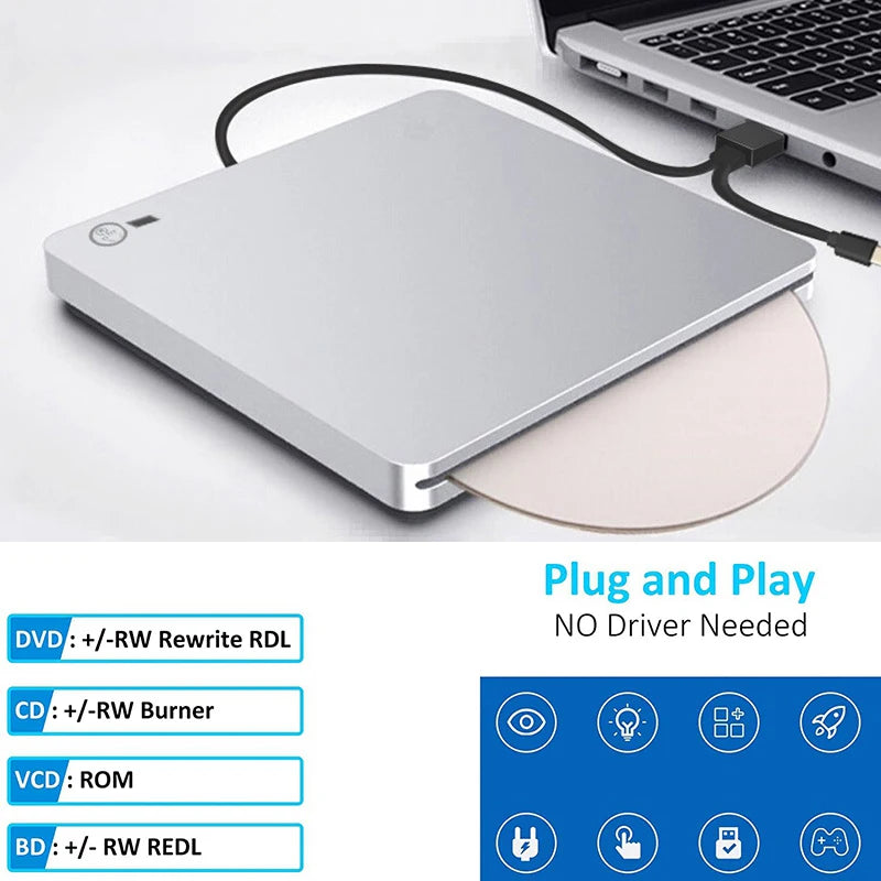 USB3.0&Typ C Externes optisches Blu-ray-Laufwerk Bluray-Brenner Touch Pop-up-Sauger Typ DVD-RW CD BD-RE Schreib-Kombi-Recorder