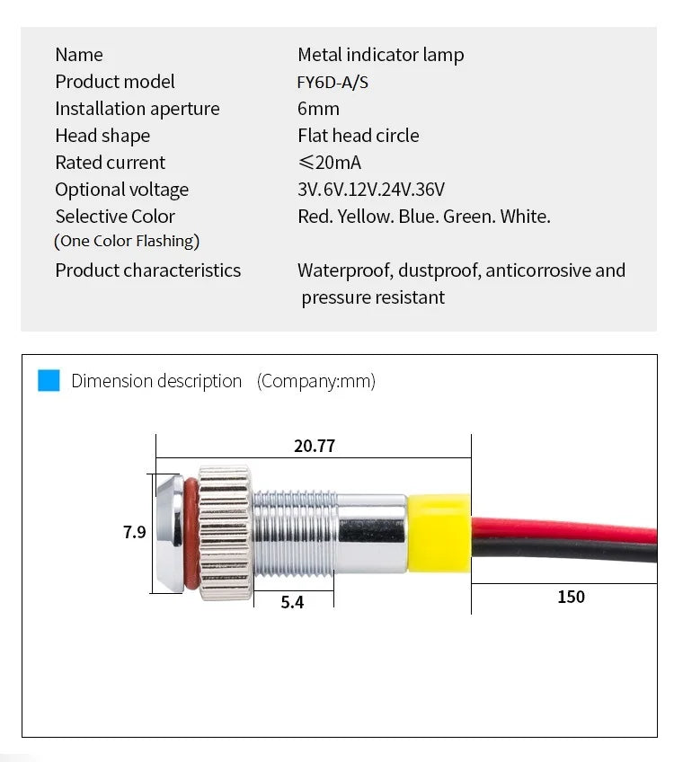 IP62 Wasserdichte einfarbige blinkende LED-Metallwarnanzeigeleuchte 6 mm Pilotsignallampe 3 V 6 V 12 V 24 V 36 V DC mit Draht