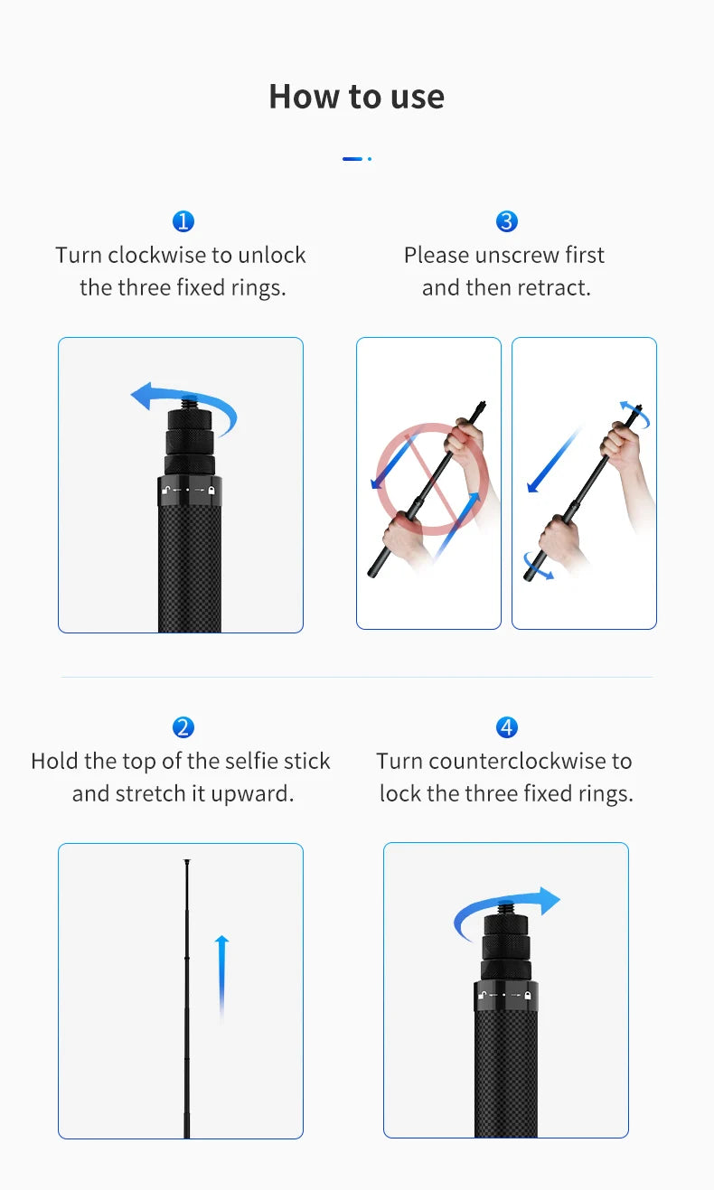 TELESIN 116 cm Kohlefaser Einbeinstativ Selfie Stick ausziehbar mit 1/4 Schraube für GoPro Hero Insta360 Osmo Action Kamera