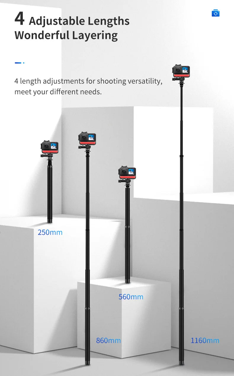TELESIN 116 cm Kohlefaser Einbeinstativ Selfie Stick ausziehbar mit 1/4 Schraube für GoPro Hero Insta360 Osmo Action Kamera
