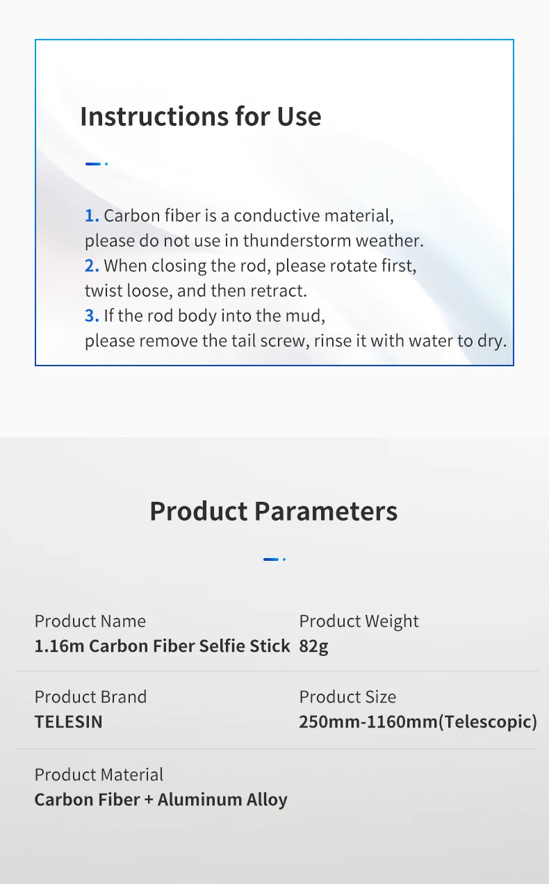TELESIN 116 cm Kohlefaser Einbeinstativ Selfie Stick ausziehbar mit 1/4 Schraube für GoPro Hero Insta360 Osmo Action Kamera
