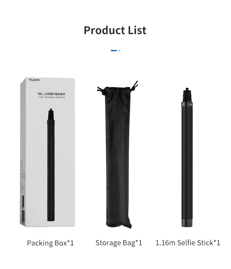 TELESIN 116 cm Kohlefaser Einbeinstativ Selfie Stick ausziehbar mit 1/4 Schraube für GoPro Hero Insta360 Osmo Action Kamera