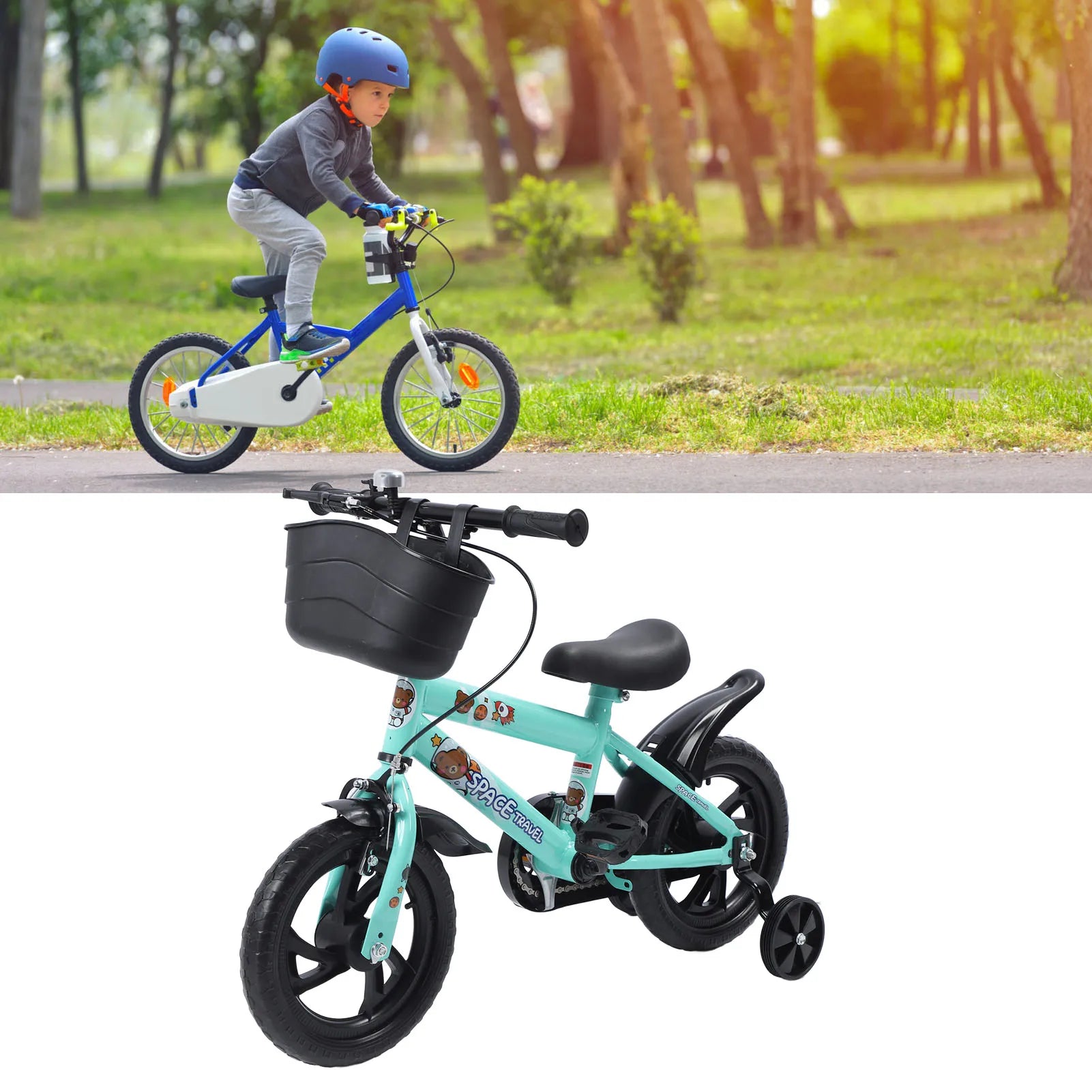 12-Zoll-Kinderfahrrad mit Stützrädern für 2-6 Jahre, Rahmen aus hochfestem Kohlenstoffstahl, verstellbarer Sitz und Lenker