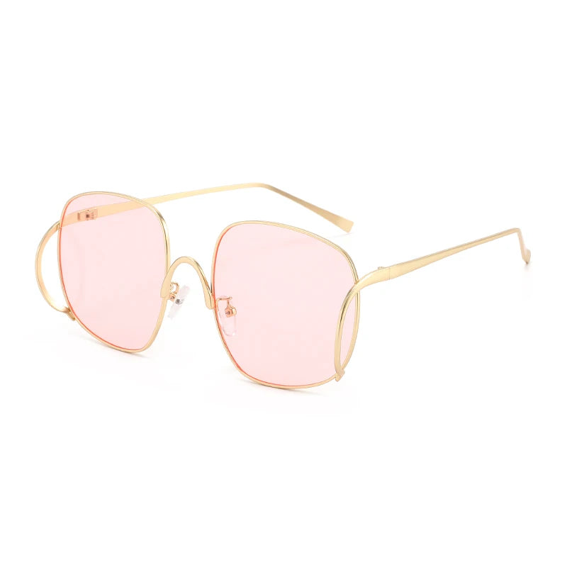Übergroße Quadratische Sonnenbrille für Damen Luxuriöser Legierungsrahmen Trendige Große Gläser Einzigartige Gebogene Bügel-Brillenfassung