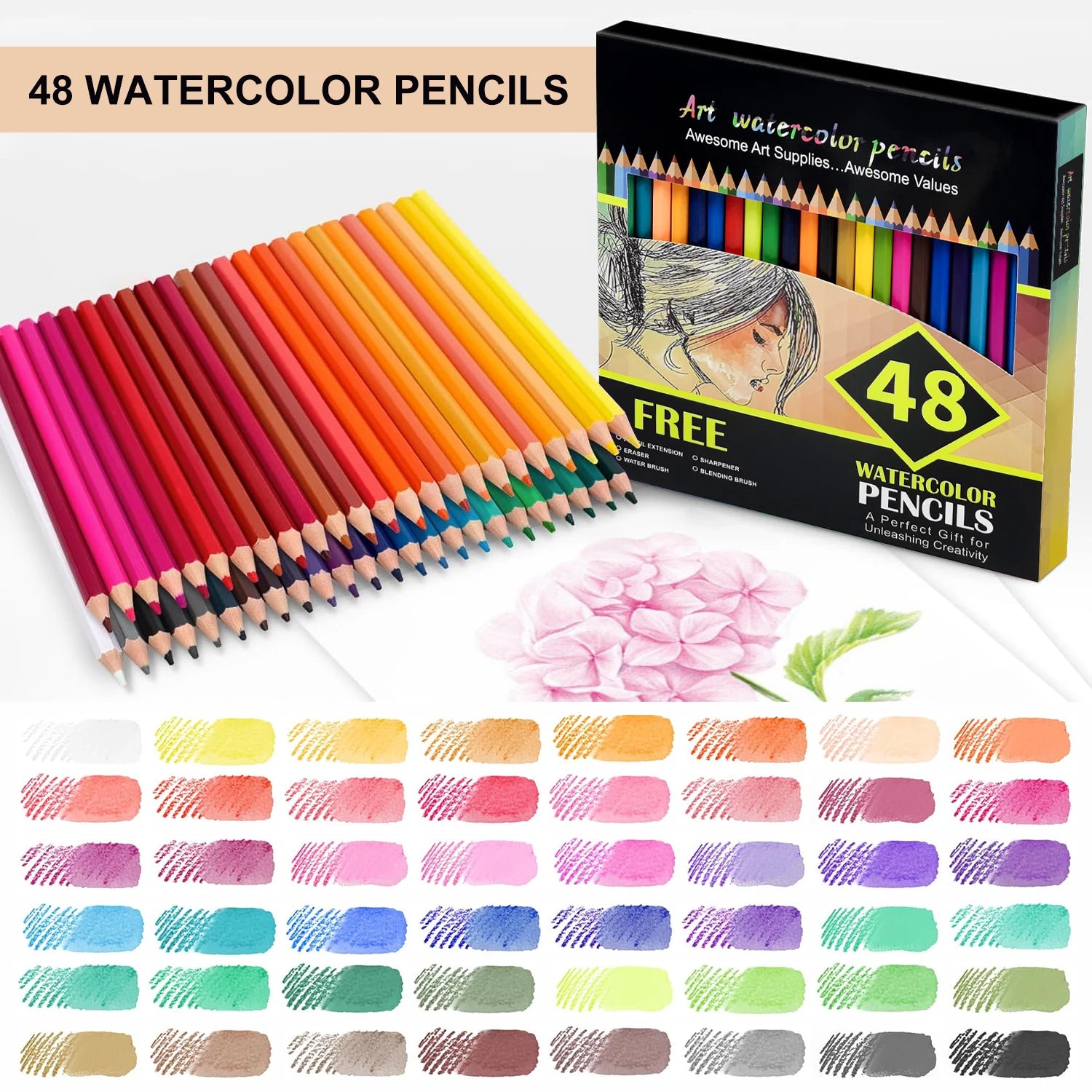 Aquarellstifte, 48er-Set professionelle Buntstifte für Erwachsene und Jugendliche, Premium-Künstlerbedarf zum Ausmalen, Mischen und