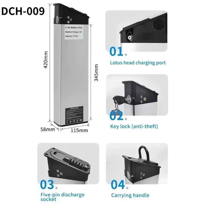 48V 17Ah 15Ah 12,8Ah 10,4Ah 36V 10Ah 12Ah 15Ah DCH-003 DCH-006 DCH-009 350W~1000W Motorbatterie