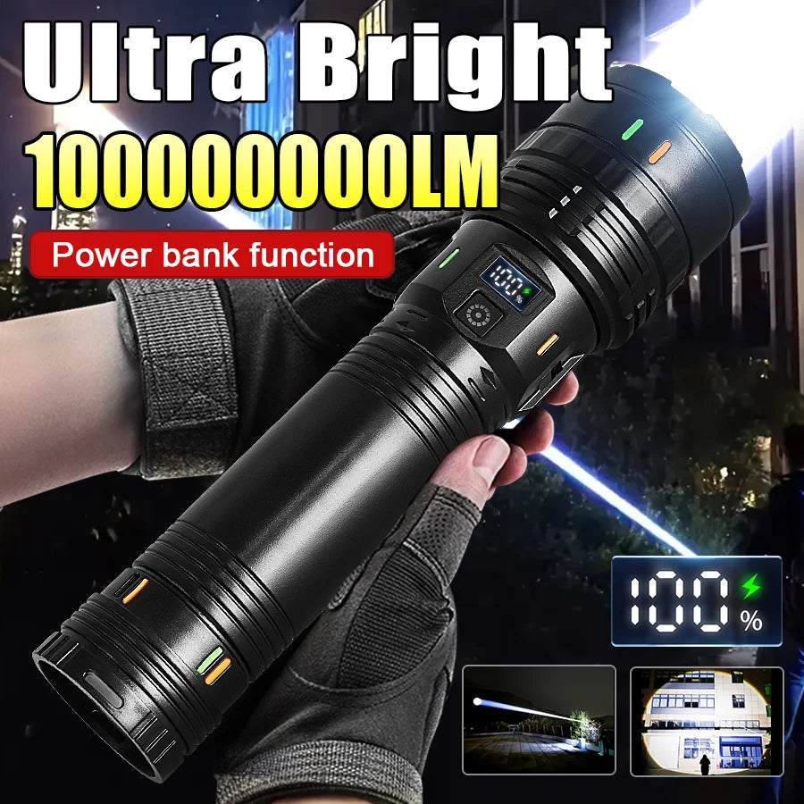 100000000LM Ultrahelle 15000 mAh USB C wiederaufladbare Taschenlampe Hochleistungs-Taschenlampen Wasserdichte Camping-Laterne Digitalanzeige