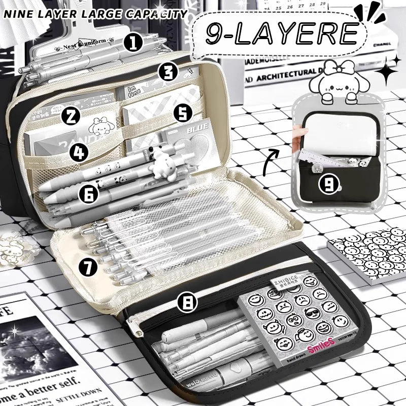 Inkpals Schwarzes Federmäppchen, großes Fassungsvermögen, Kawaii-Schultaschen für Kinder, Beutel für große Jungen, Schultasche, Organizer-Box für Stifte
