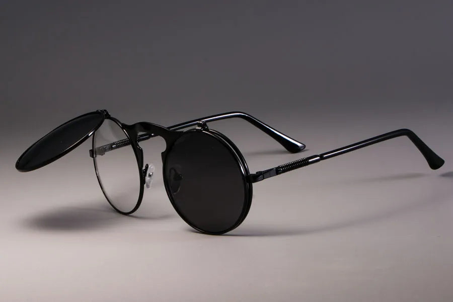 3057 STEAMPUNK Retro Runde Flip Sonnenbrille Männer Frauen Metall Zwei Paar Gläser KREIS SONNENBRILLE UV400