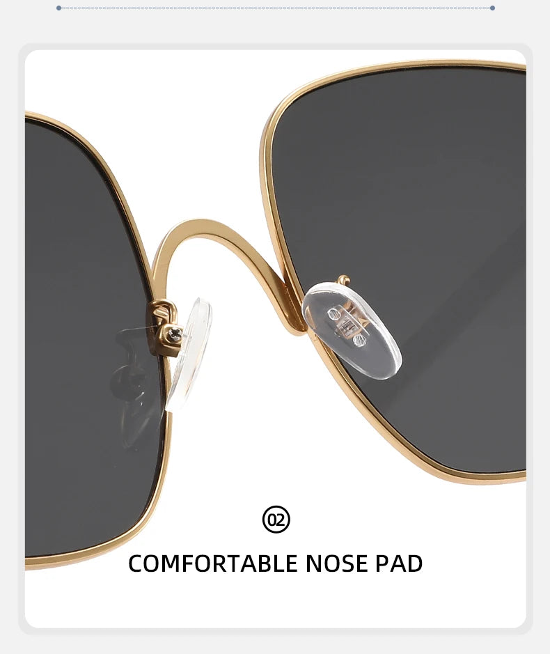Übergroße Quadratische Sonnenbrille für Damen Luxuriöser Legierungsrahmen Trendige Große Gläser Einzigartige Gebogene Bügel-Brillenfassung