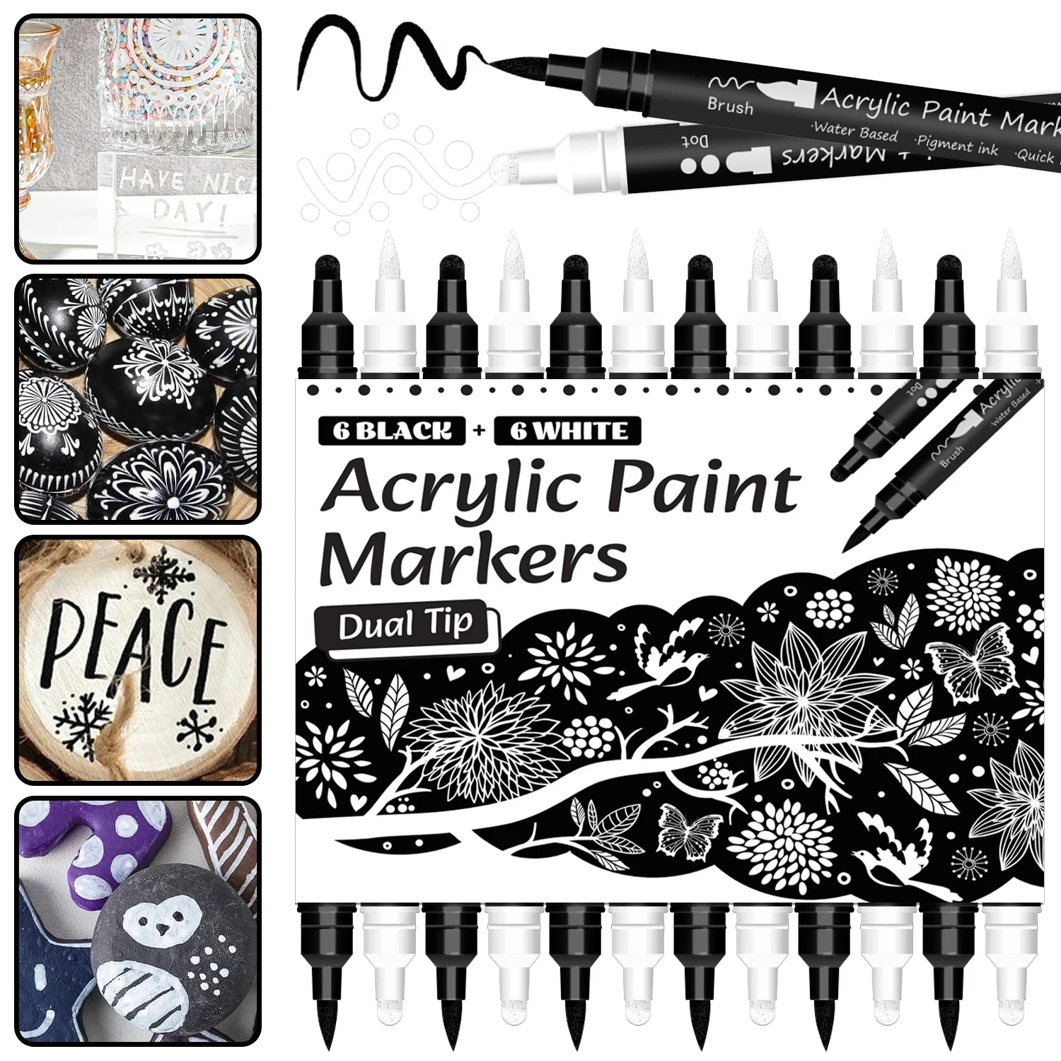 Schwarz-weißer Acryl-Markierungsstift, 12 Stück Pinsel und feine Punktspitze für Papier, Felsmalerei, Holzschild, Metall, Kunststoff, Zeichnen