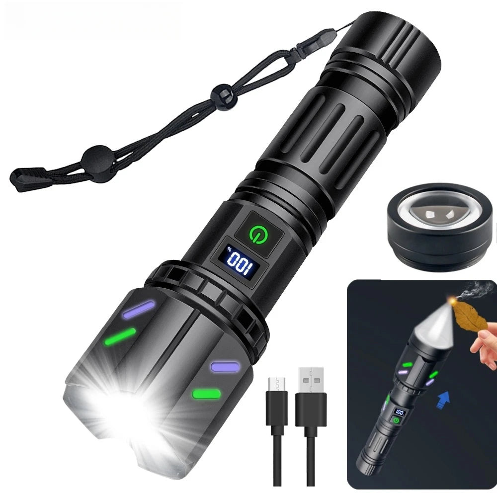 Hochleistungs-weiße Laser-LED-Taschenlampe, 18650, 26650, Batterie, Typ C, starkes Licht, taktische Taschenlampe, Outdoor-Camping, mit Zündlinse