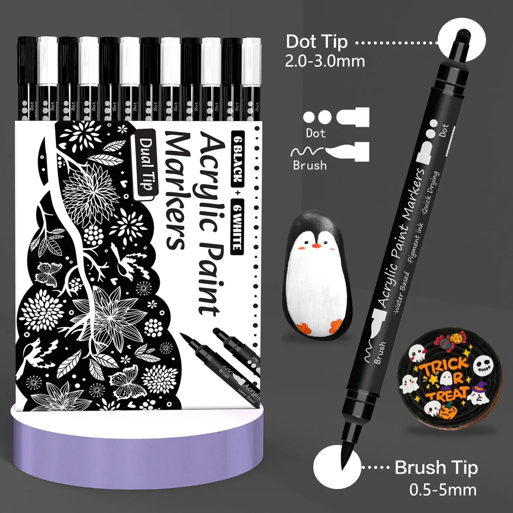 Schwarz-weißer Acryl-Markierungsstift, 12 Stück Pinsel und feine Punktspitze für Papier, Felsmalerei, Holzschild, Metall, Kunststoff, Zeichnen