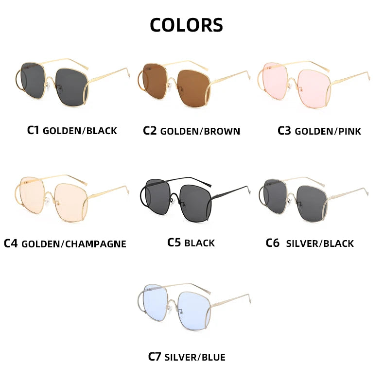 Übergroße Quadratische Sonnenbrille für Damen Luxuriöser Legierungsrahmen Trendige Große Gläser Einzigartige Gebogene Bügel-Brillenfassung
