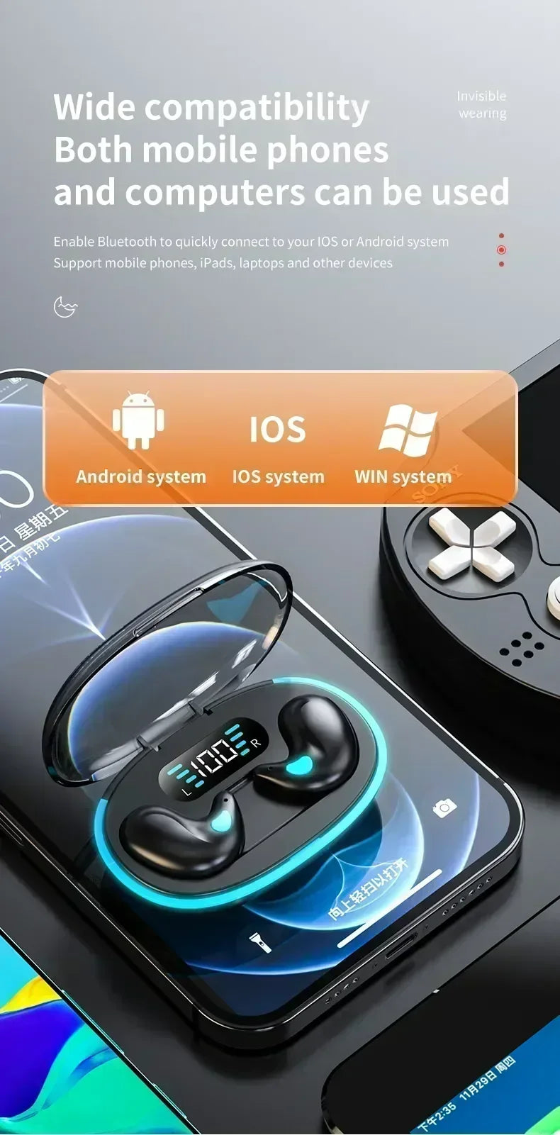 TWS-Kopfhörer, kabellose Kopfhörer, Rauschunterdrückung, Sport, Spiel, Schlaf, Bluetooth-Ohrhörer für alle Smartphones