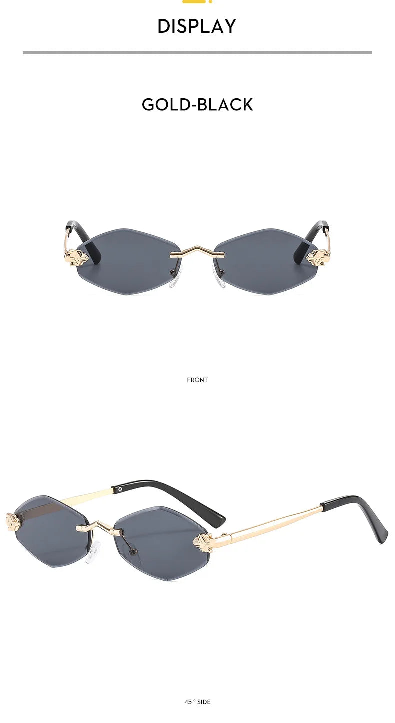 Luxuriöse Polygon-Sonnenbrille für Damen, Hipster, unregelmäßige randlose Sonnenbrille, Damen, kleiner Metallrahmen, Vintage-Rhombus-Brille, Braun