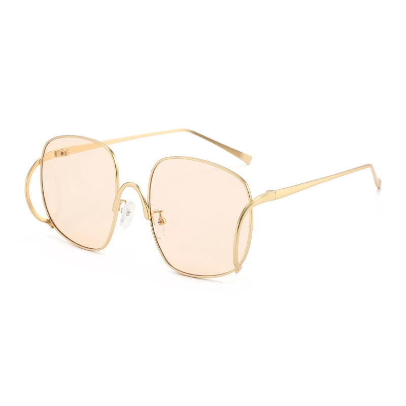 Übergroße Quadratische Sonnenbrille für Damen Luxuriöser Legierungsrahmen Trendige Große Gläser Einzigartige Gebogene Bügel-Brillenfassung