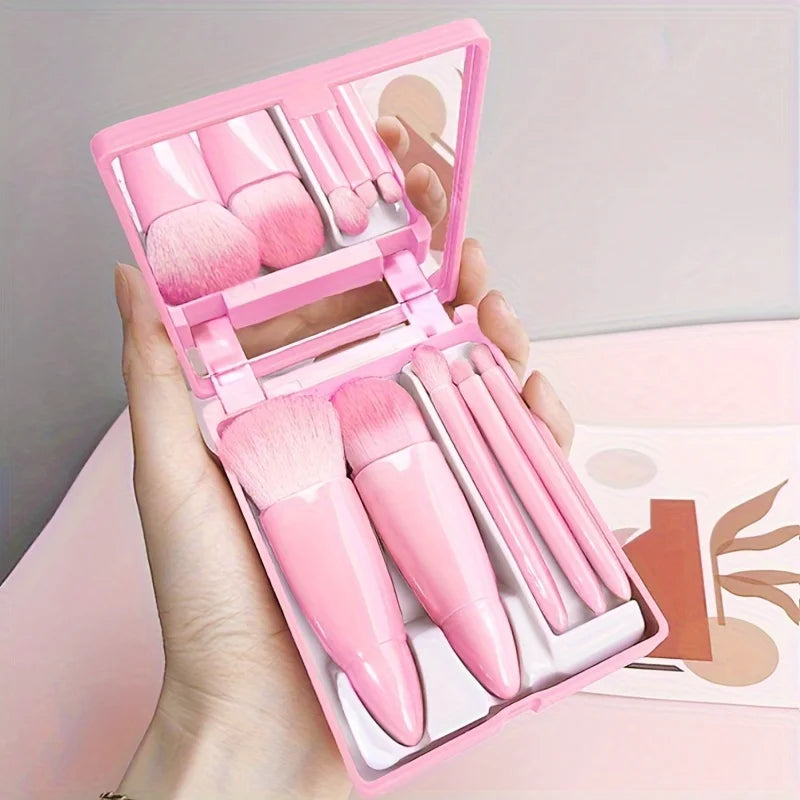 5-teiliges tragbares Make-up-Pinsel-Set mit Spiegel – faltbares Reise-Set, Mini-Make-up-Pinsel-Set, Reise-Make-up-Pinsel-Set