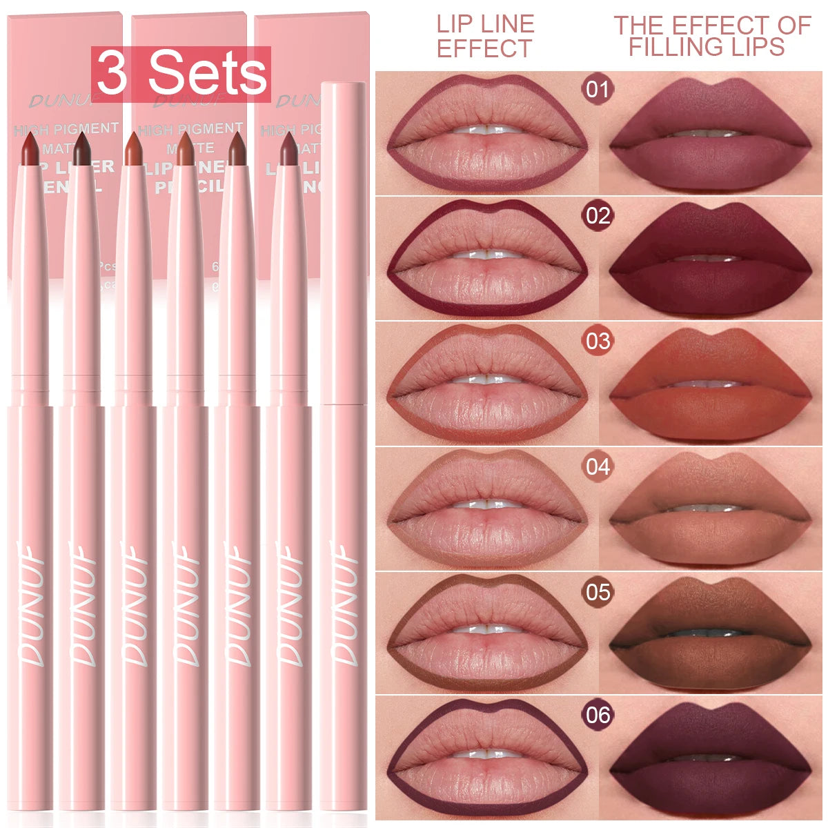 6-teiliges Lipliner-Stift-Set, langlebig, wasserdicht, schweißfest, einfaches Färben, lichtecht, Farbwiedergabe, Lipgloss-Set, Schönheits-Make-up