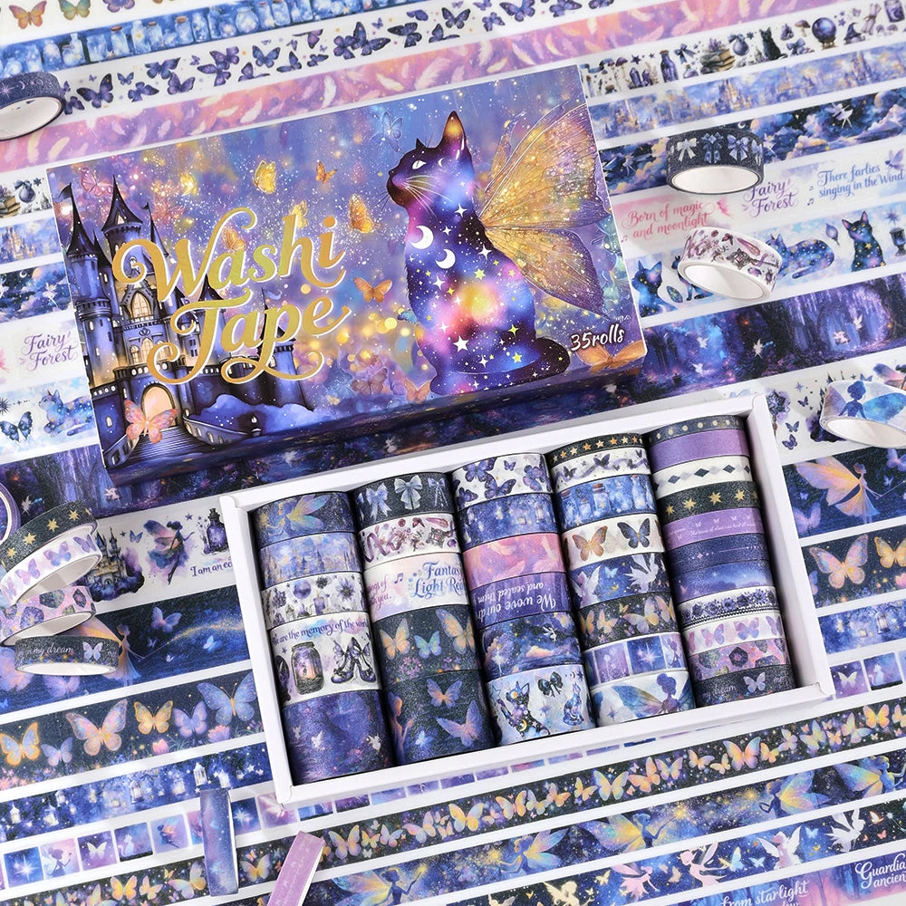 35 Rollen dekorative Klebebänder, lila Elfen-Washi-Klebeband, Packung für Schule, Bürobedarf, kreatives Geschenk, Studenten, Journaling, Bastelliebhaber