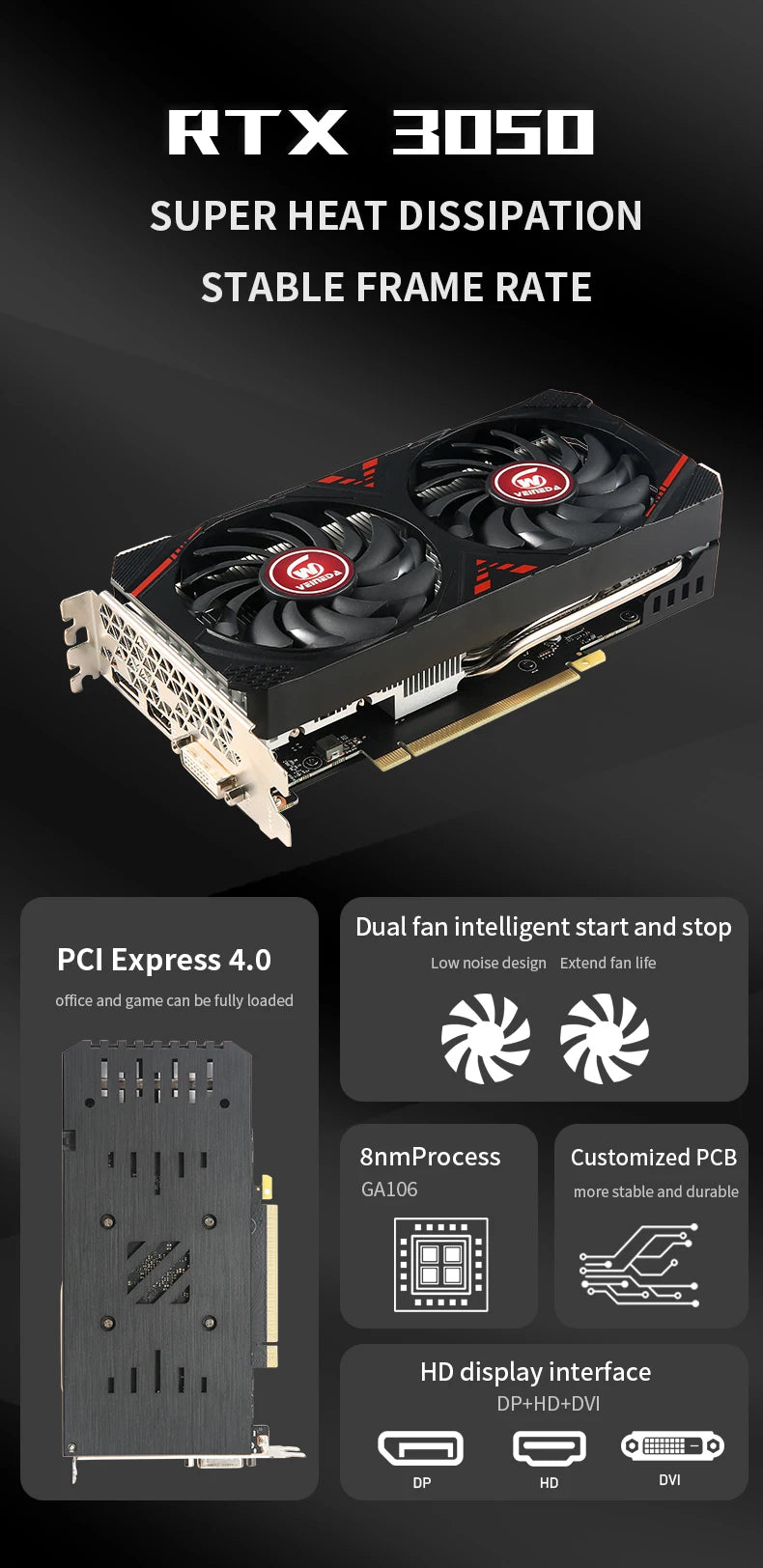 VEINEDA RTX3050 8 GB GDDR6 128 Bit Computer-Grafikkarte RTX 3050 8 GB Gaming-PC RTX 3070 DP*HDMI-kompatibles Video