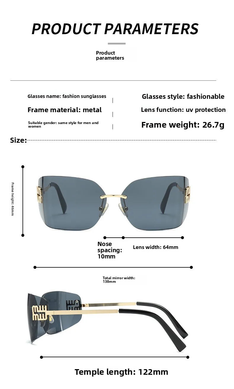 Gebogene einteilige Sonnenbrille, rahmenloses quadratisches Schnittkanten-Design, UV400-Schutz, High-End-Street-Style für Damen