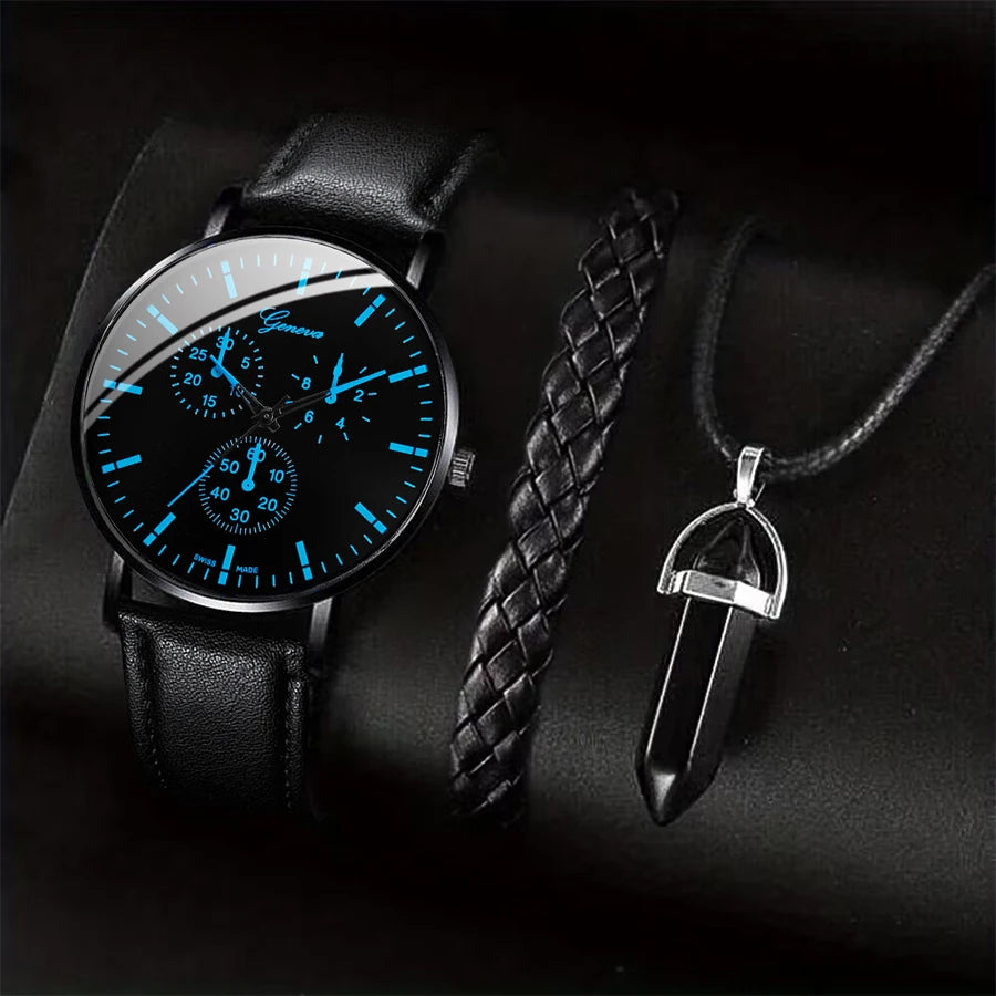 3 Teile/satz Männer Business Uhren Casual Leder Band Analog Männlichen Quarzuhr Halskette Armband Set
