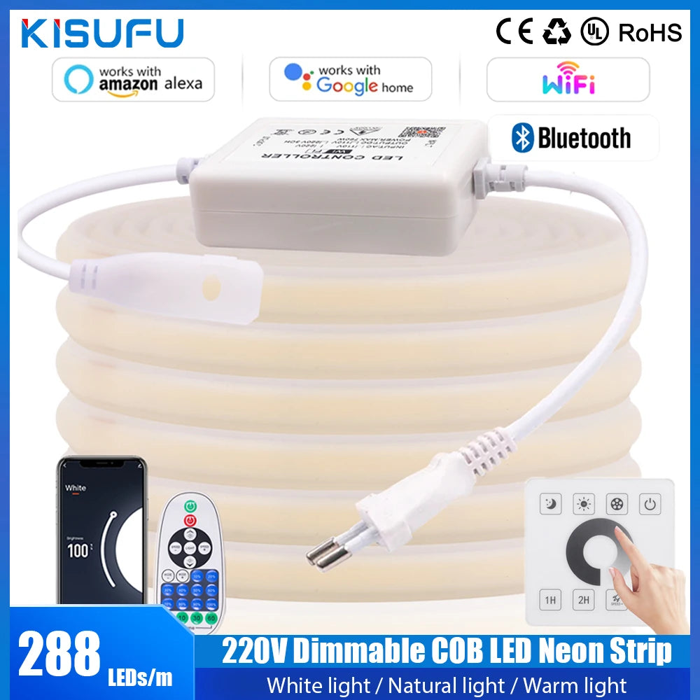 220V Dimmbare Smart COB LED Neon Streifen Licht WiFi/Bluetooth/Wand Touch Kit IP67 288LEDs/M Neon Licht Garten Home Decor 1-35M