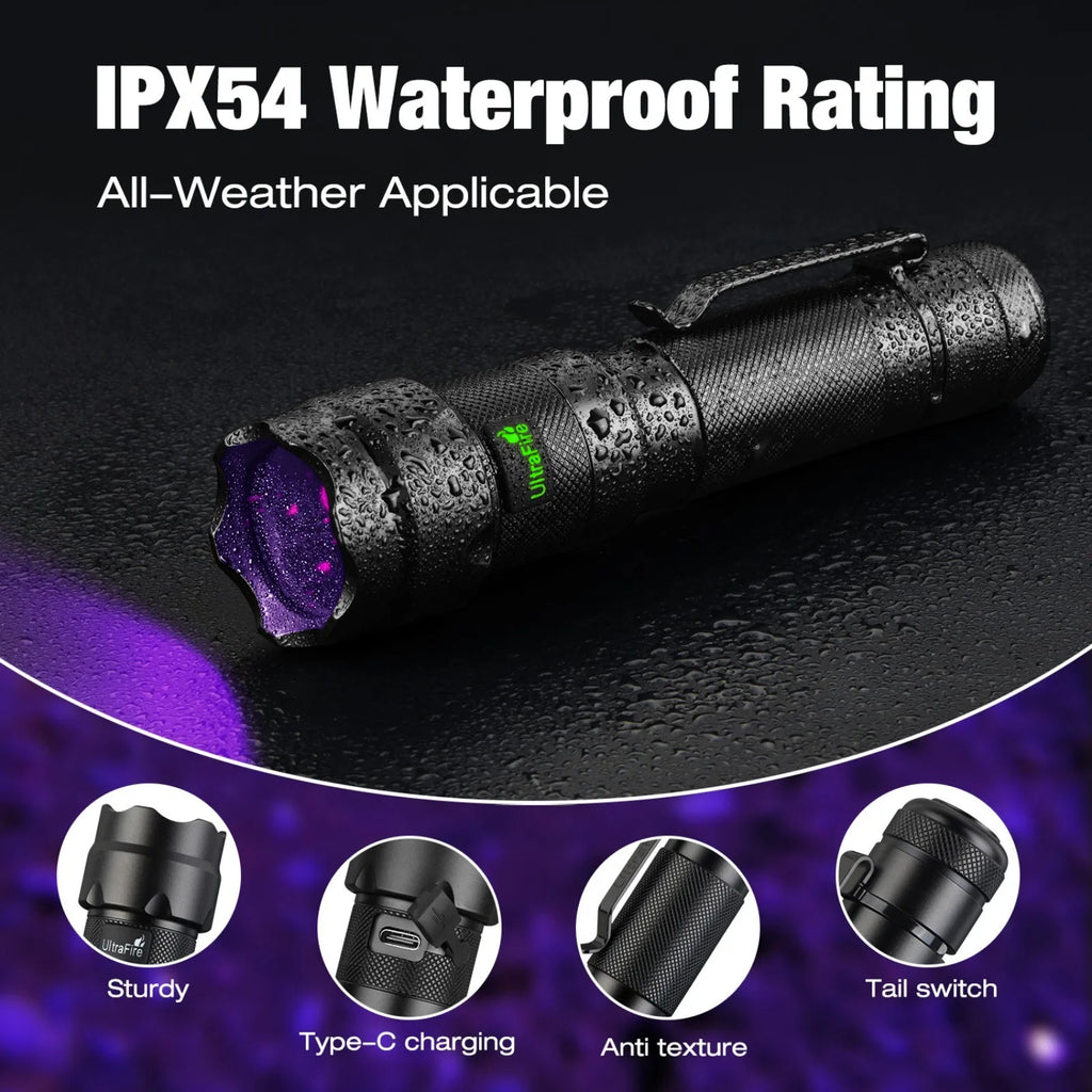 UltraFire 502UV Pro UV-Taschenlampe, 365/395 nm, Schwarzlicht, USB C, wiederaufladbar, für Tierhaare, Urinflecken, Skorpione, Geld, ultraviolettes Licht