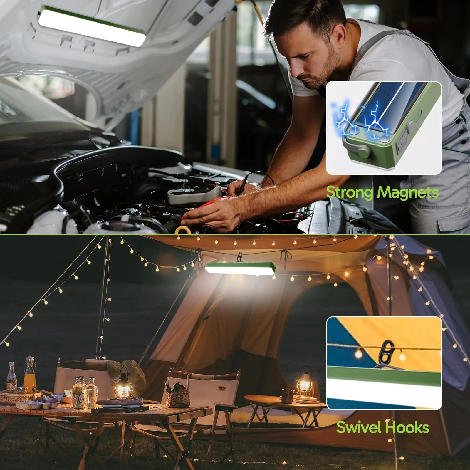 Solar-Campinglaterne – 5400 mAh Powerbank, 2500 lm, IPX5 wasserdicht, 4 Modi und magnetischer Haken – tragbare Camping-Lichtleiste für Zelt