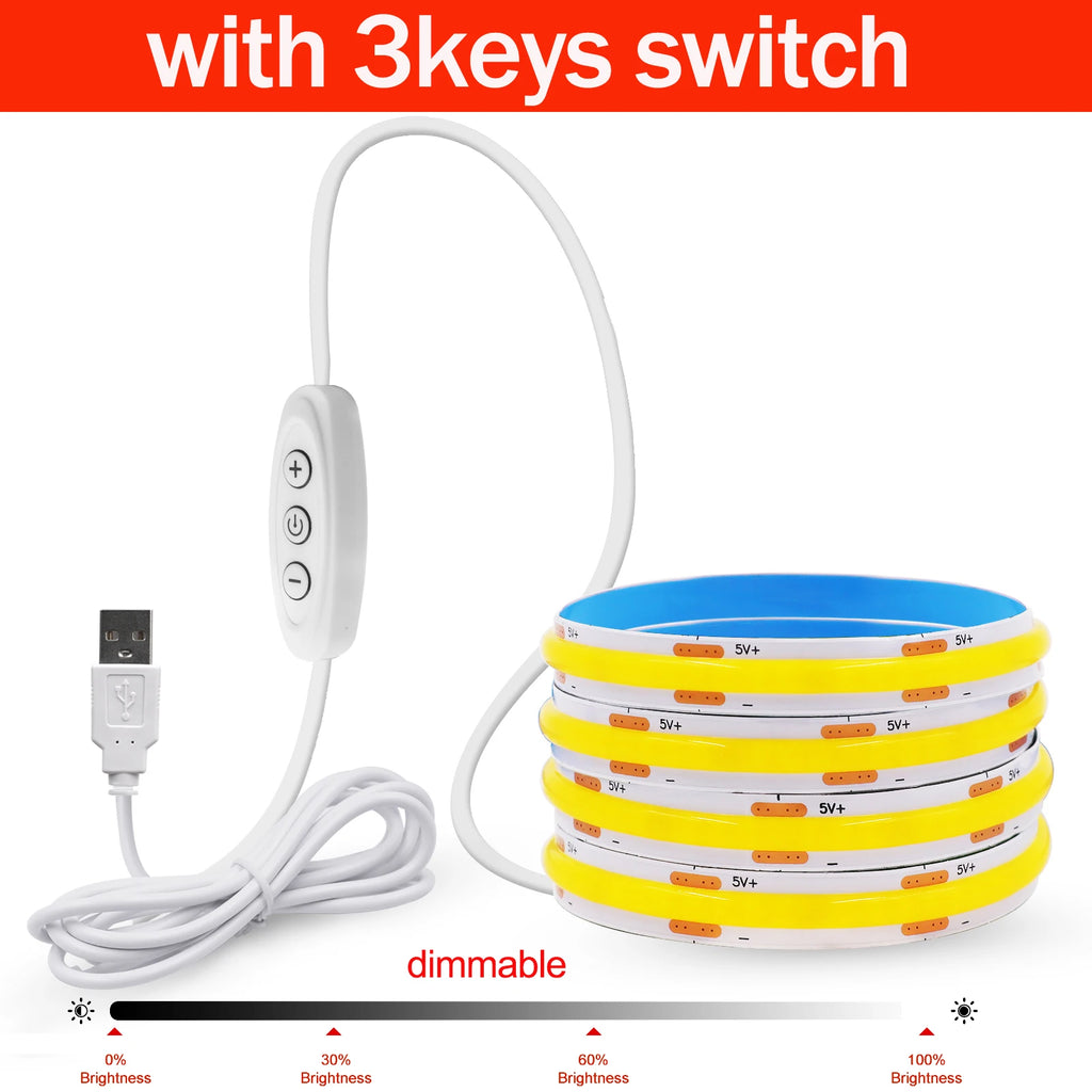 Dimm bares Cob LED-Streifen licht 5V USB flexibles LED-Band mit Ein-Aus-Schalter 120leds lineare Beleuchtung mit hoher Dichte und Klebeband