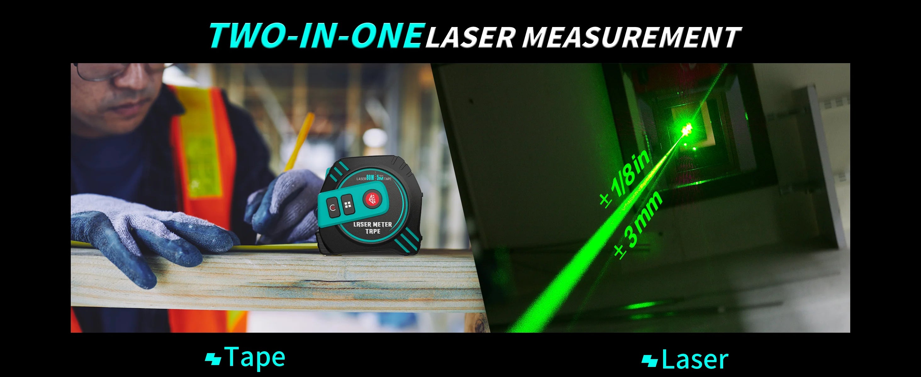 2in1 grüne Laser-Entfernungsmesser 80 m + 5 m Bandlasermaß Multifunktional wiederaufladbar