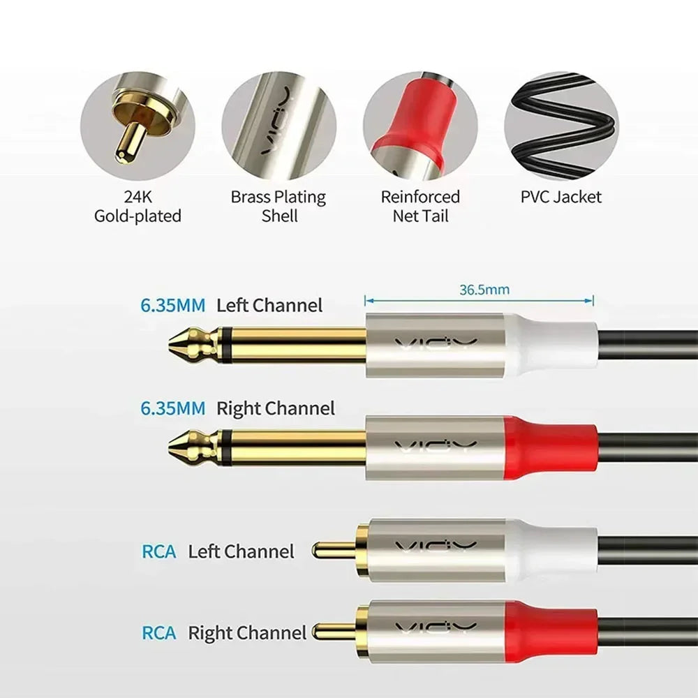 6,35 mm auf Cinch-Kabel Dual 1/4 TS-Stecker auf Dual-RCA-Stecker Stereo-Audiokabel für Gitarre AV-Receiver Lautsprecher Verstärker Heimkino