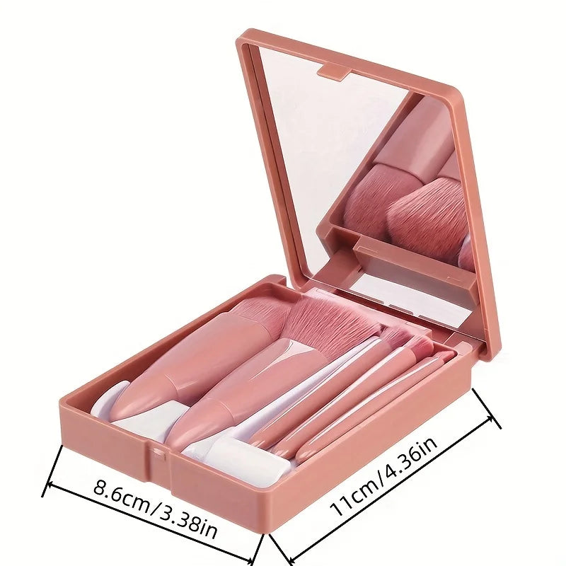 5-teiliges tragbares Make-up-Pinsel-Set mit Spiegel – faltbares Reise-Set, Mini-Make-up-Pinsel-Set, Reise-Make-up-Pinsel-Set