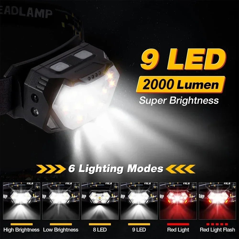2000 Lumen Led USB Aufladbare Scheinwerfer Motion Sensor Scheinwerfer Wasserdichte Kopf Taschenlampen Outdoor Camping Angeln Kopf Lampe
