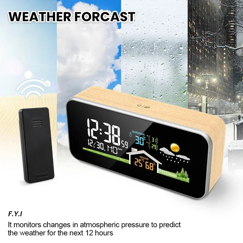 Drahtlose Wetterstation, Holzwecker, digitales Thermometer, Luftfeuchtigkeit, Temperatur, kabelloser Sensor, Heim-TimeWatch-Desktop