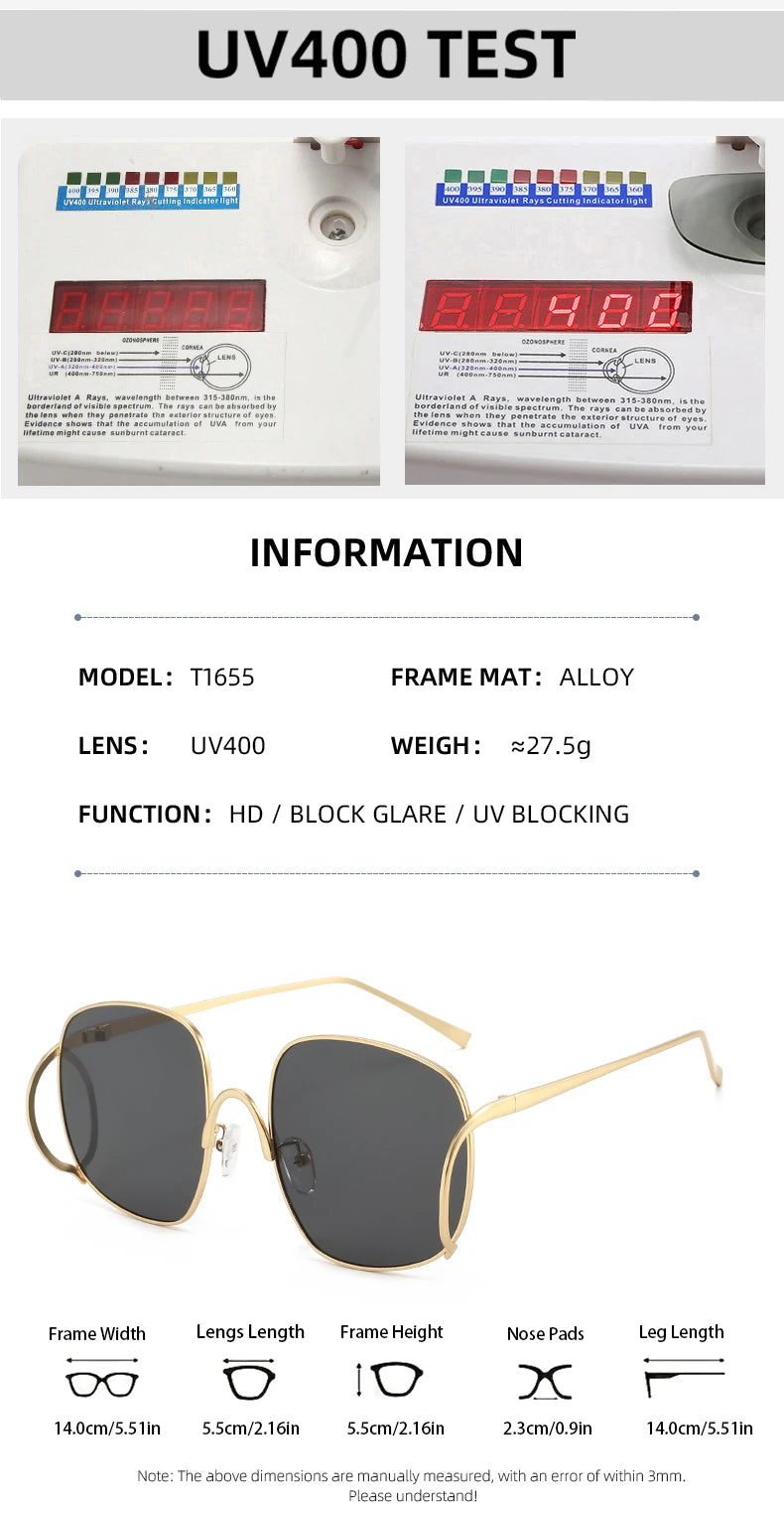 Übergroße Quadratische Sonnenbrille für Damen Luxuriöser Legierungsrahmen Trendige Große Gläser Einzigartige Gebogene Bügel-Brillenfassung